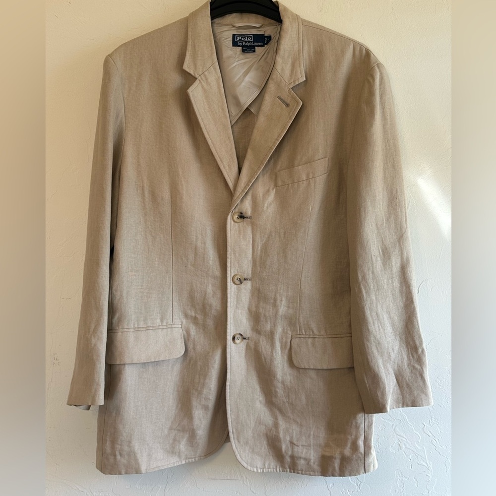 Ralph Lauren Polo 100% Linen Tan 3 Button Blazer Jacket  Sz L